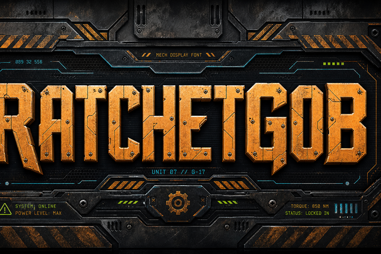 Ratchetgob amber typography showcase with mechanical texture