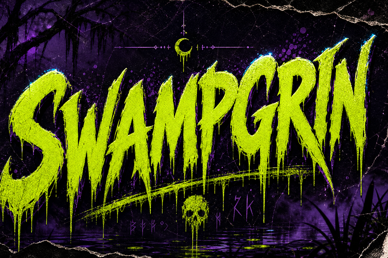 Swampgrin violet typography showcase with slick poster texture